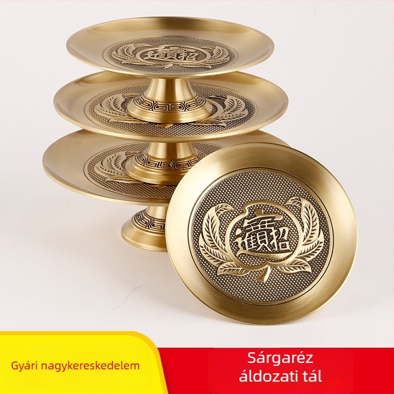 Sárgaréz felajánló tál lótusz, gyümölcs és Buddha-szobor – dísztárgyak