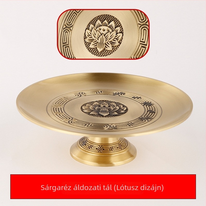 Sárgaréz felajánló tál lótusz, gyümölcs és Buddha-szobor – dísztárgyak