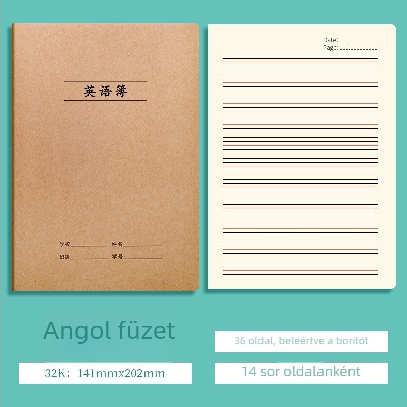 Angol házi feladatfüzet 3-6. osztály, 16K, nagy méret, A5, marhabőrből készült borító, vastagított kiadás