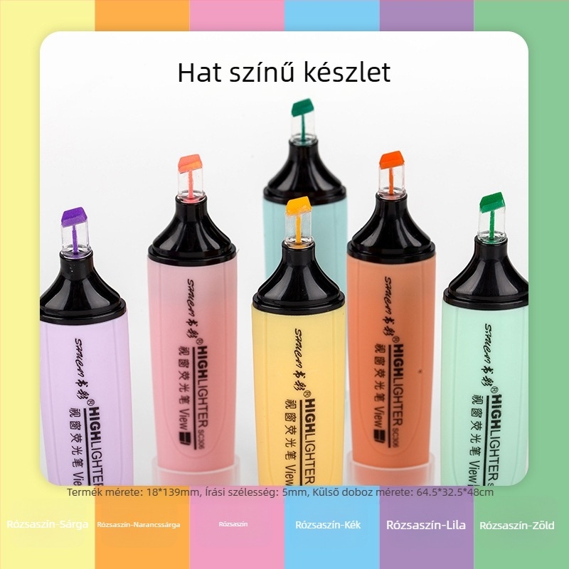 Kristályhegyű kiemelő toll átlátszó végével, 6 színű fluoreszkáló készlet diákoknak