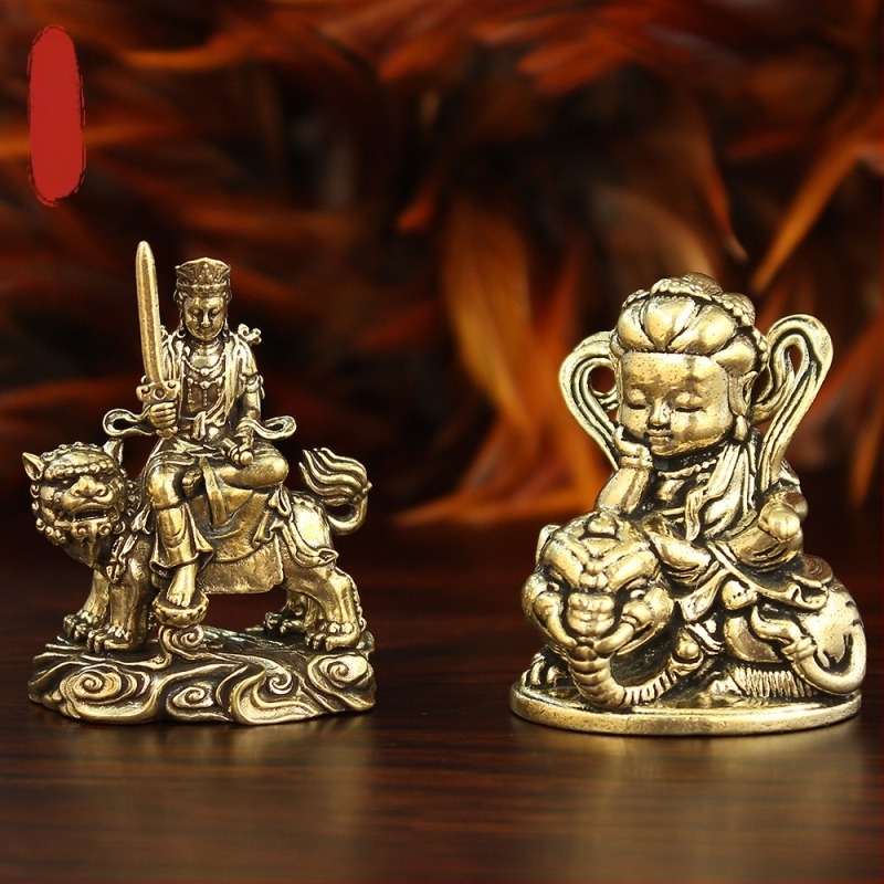 Új sárgaréz Bodhisattva Manjushri és Samantabhadra pár – Buddha szobrok bejárati előcsarnokhoz, kínai stílusú oltár dekoráció