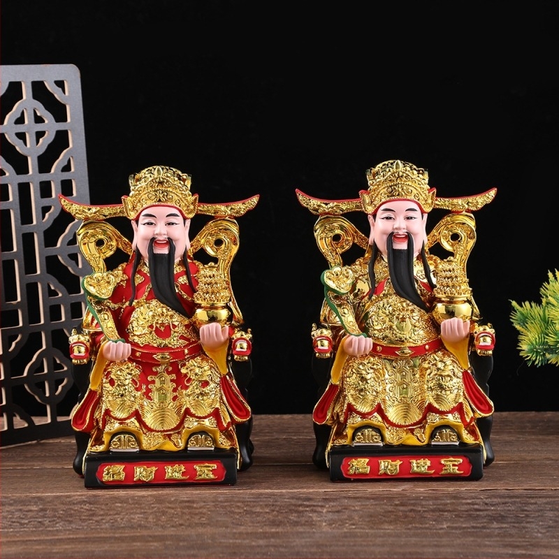 Gyantából készült Bőség Istene Buddha szobor, kezében aranytallér, otthoni tiszteletre, dekoratív szobor