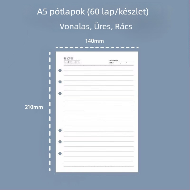 A5-ös 6 lyukas refill belső oldalak, vonalas, vastagabb lapok, 60 lap