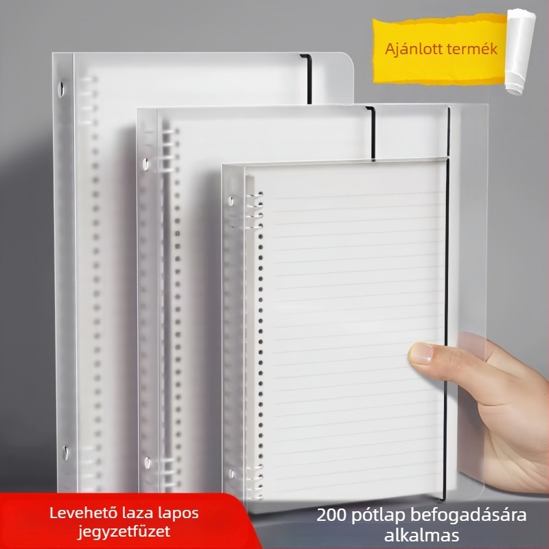 Fém klipekkel ellátott jegyzetfüzet, matt PP burkolattal, A5-ös méret, oldalai rácsos és vízszintes vonalas, spirálhoz cserélhető betét