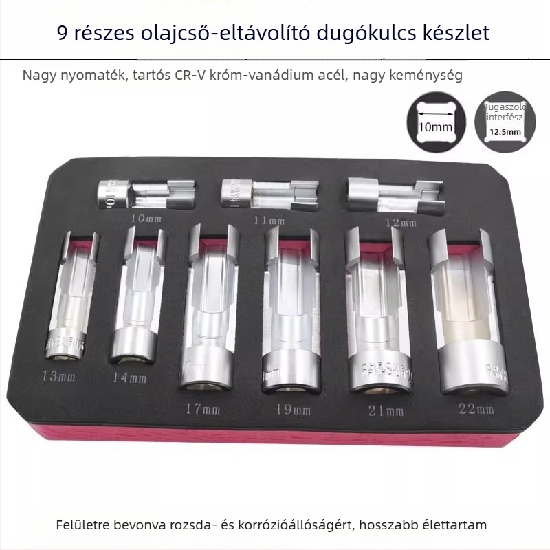 9 részes üzemanyagcső szétszerelő készlet oxigén szenzor kulccsal, üzemanyagcső javító készlet
