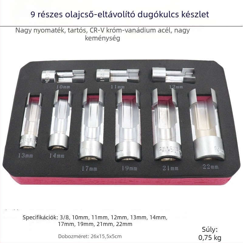 9 részes üzemanyagcső szétszerelő készlet oxigén szenzor kulccsal, üzemanyagcső javító készlet