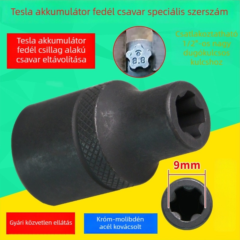 Tesla akkumulátor fedél csavarjainak eltávolítására szolgáló eszköz, EP ötfogú és hatszögű kulcs, E-típusú foglalat nagy fogakkal