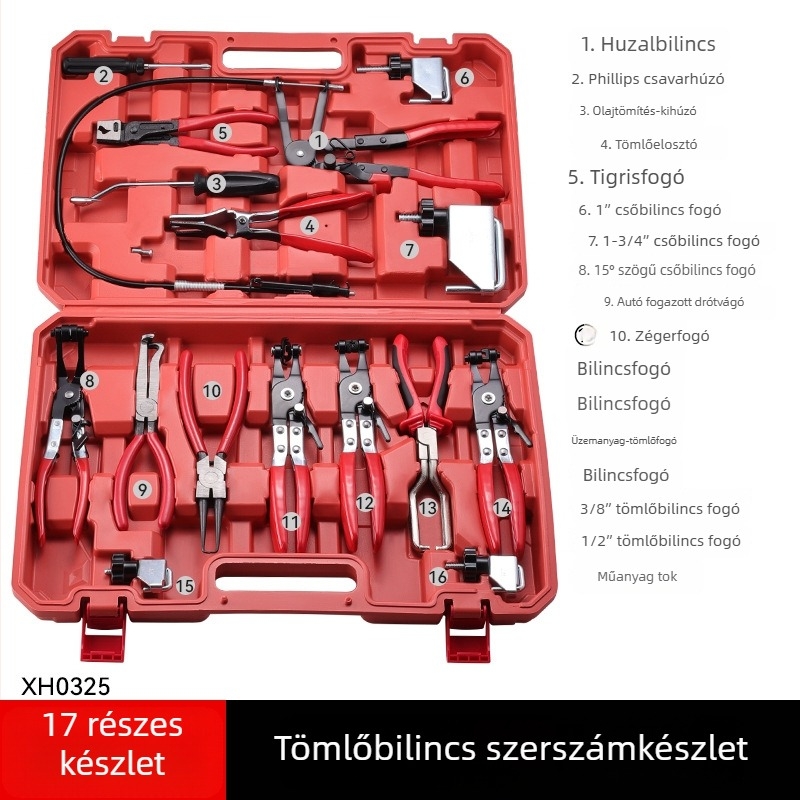 16 darabos autóvízcső szétszerelési és javítási készlet csőbilincs fogóval, magas keménységű No.45 acél