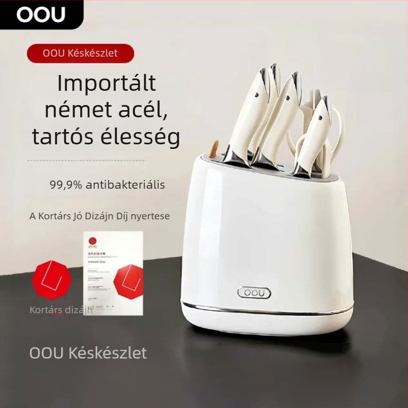 OOU késkészlet német acélból, háztartási konyhai kések és olló élezővel, Black Whale, 7 darabos készlet