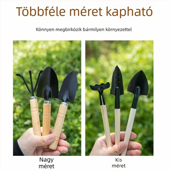 Otthoni kertészkedéshez háromrészes szerszámkészlet: kis ásó, vas ásó és vas ültetőkanál cserépben lévő növényekhez, zöld növényekhez és sukulentákhoz ( mangán acél)