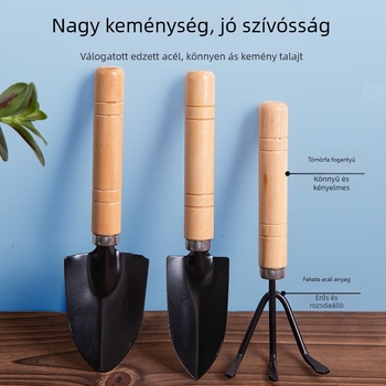 Otthoni kertészkedéshez háromrészes szerszámkészlet: kis ásó, vas ásó és vas ültetőkanál cserépben lévő növényekhez, zöld növényekhez és sukulentákhoz ( mangán acél)