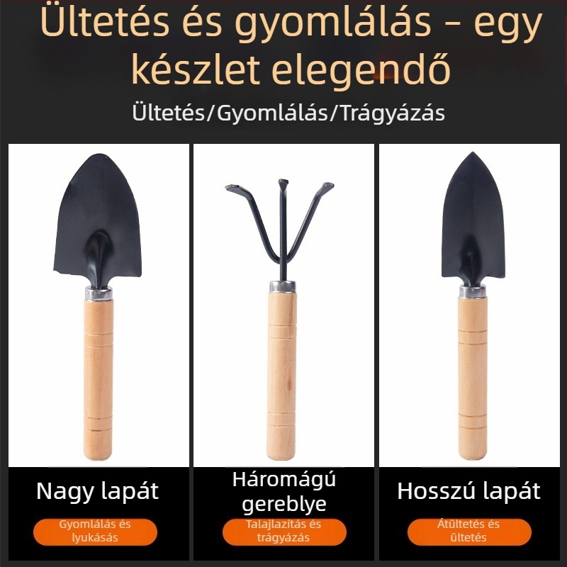 Otthoni kertészkedéshez háromrészes szerszámkészlet: kis ásó, vas ásó és vas ültetőkanál cserépben lévő növényekhez, zöld növényekhez és sukulentákhoz ( mangán acél)