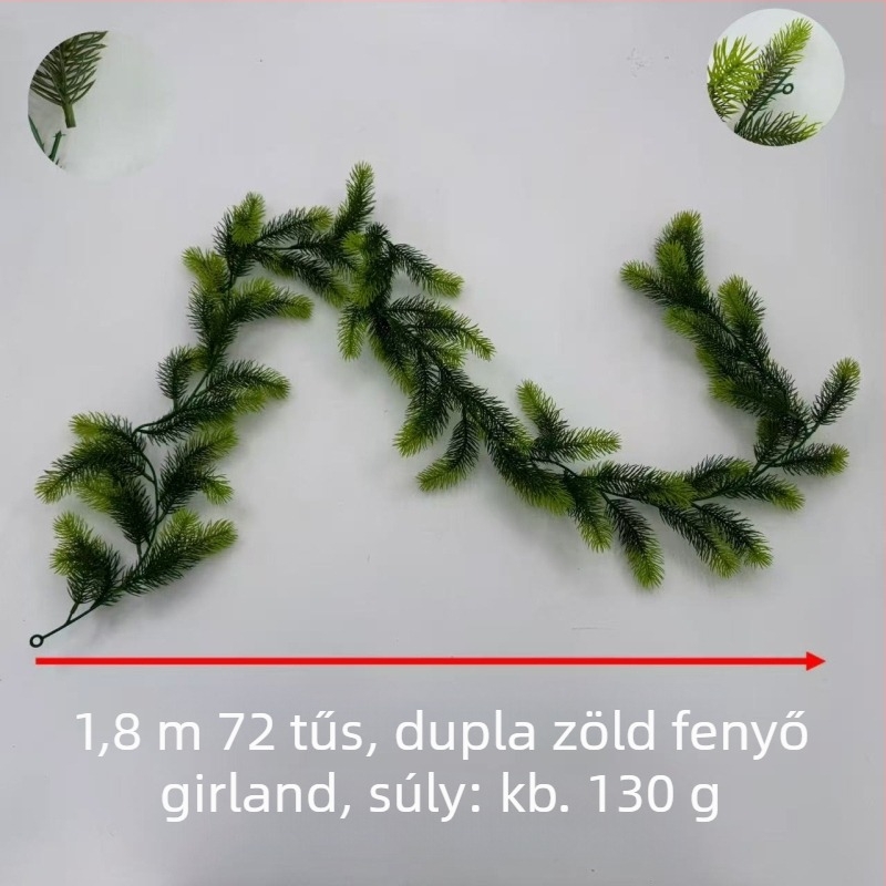Műanyag rattan fenyő tűivel – karácsonyi dekorációhoz, koszorú a lépcsőházhoz, kandallóhoz és ablakhoz, 1,8 m