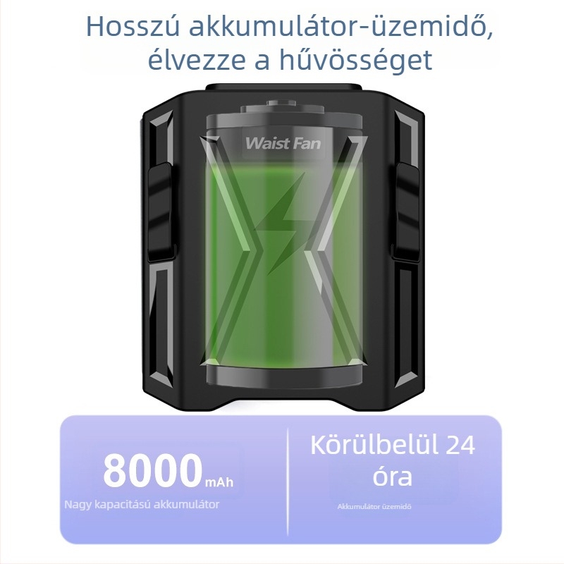 Derékon viselhető hordozható ventilátor beépített akkumulátorral, USB tápegység, 3 sebességfokozat, 5 lapát, brushless motor