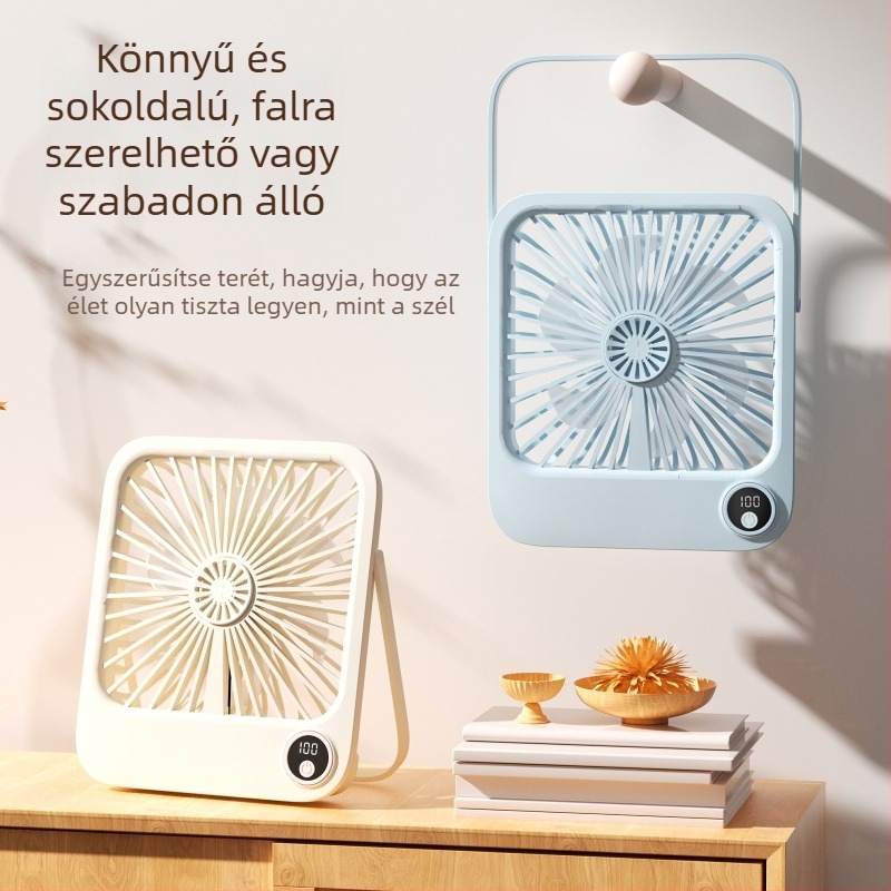 Ultra-vékony USB tölthető asztali ventilátor beépített akkumulátorral, falra szerelhető, csendes működés, digitális kijelző, 5 sebesség