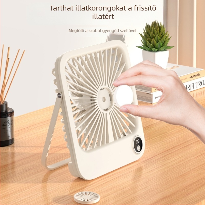 Ultra-vékony USB tölthető asztali ventilátor beépített akkumulátorral, falra szerelhető, csendes működés, digitális kijelző, 5 sebesség