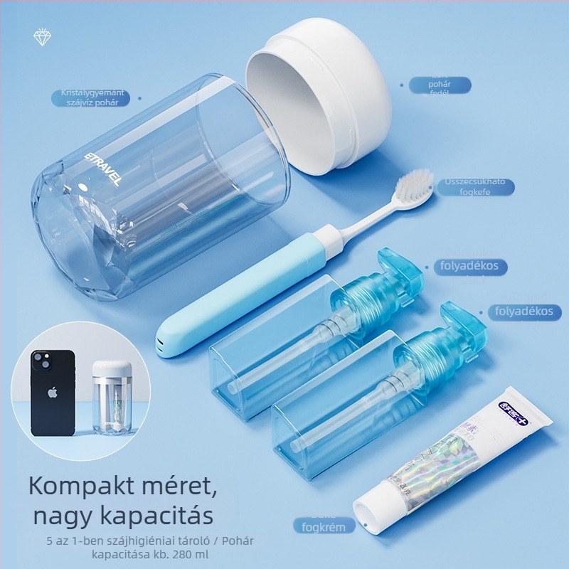 Utazási fogápolási készlet: tároló pohár, szájvíz pohár, fogkefe és fogkrém, három az egyben, hordozható