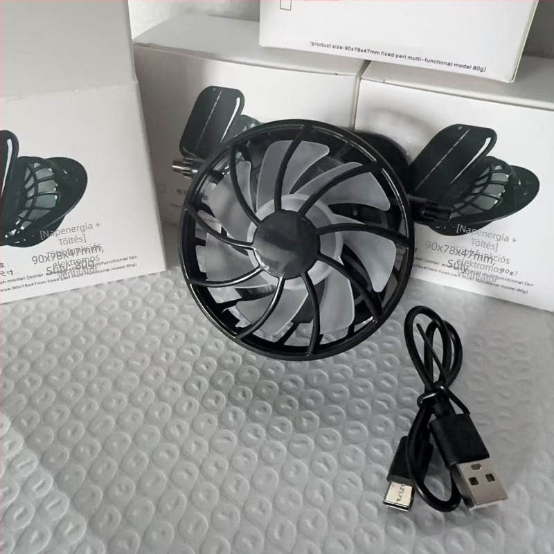Napelemes klipsz ventilátor, hordozható DC mikroventilátor beépített akkumulátorral, USB töltés, 3 üzemmód, 90 g, 6 lapát