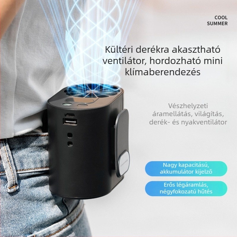 2024 Hordozható mini derékra rögzíthető ventillátor USB-töltéssel, kültéri túrákhoz