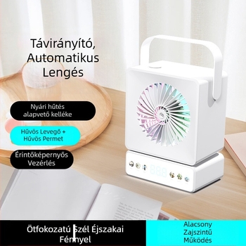 Asztali ventilátor oszcillációval, beépített permetezővel, USB-töltés, hosszú üzemidő, otthonra és irodába