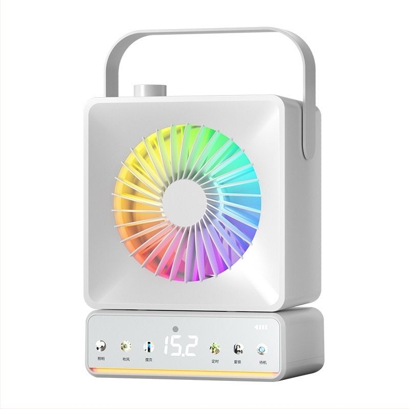 Asztali ventilátor oszcillációval, beépített permetezővel, USB-töltés, hosszú üzemidő, otthonra és irodába