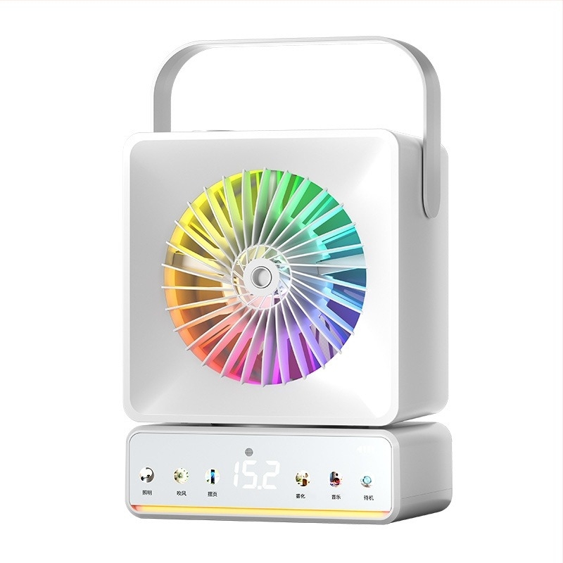 Asztali ventilátor oszcillációval, beépített permetezővel, USB-töltés, hosszú üzemidő, otthonra és irodába