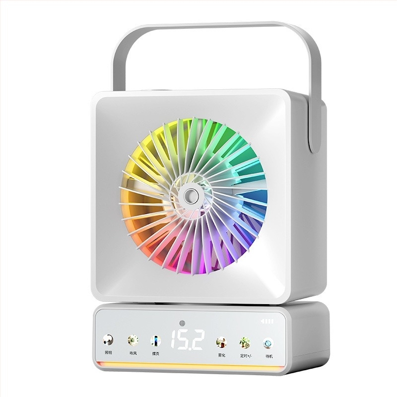 Asztali ventilátor oszcillációval, beépített permetezővel, USB-töltés, hosszú üzemidő, otthonra és irodába