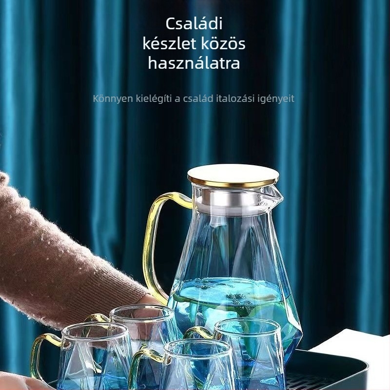 Hőálló üvegből készült vízforraló készlet nagy kapacitással – hideg vízhez ideális kancsó, poharak és infúziós teáskanna, könnyed luxus stílus, gleccser motívummal