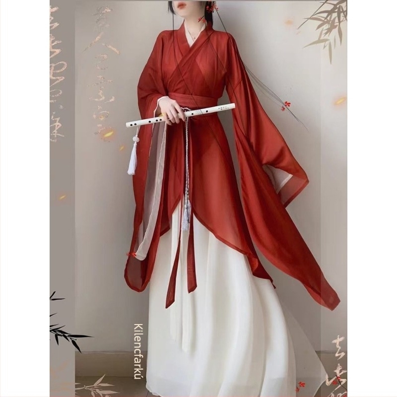 Női Hanfu szett — kereszt gallér, szabálytalan alakú köpeny, széles ujjak, kínai stílusú ősi kosztüm