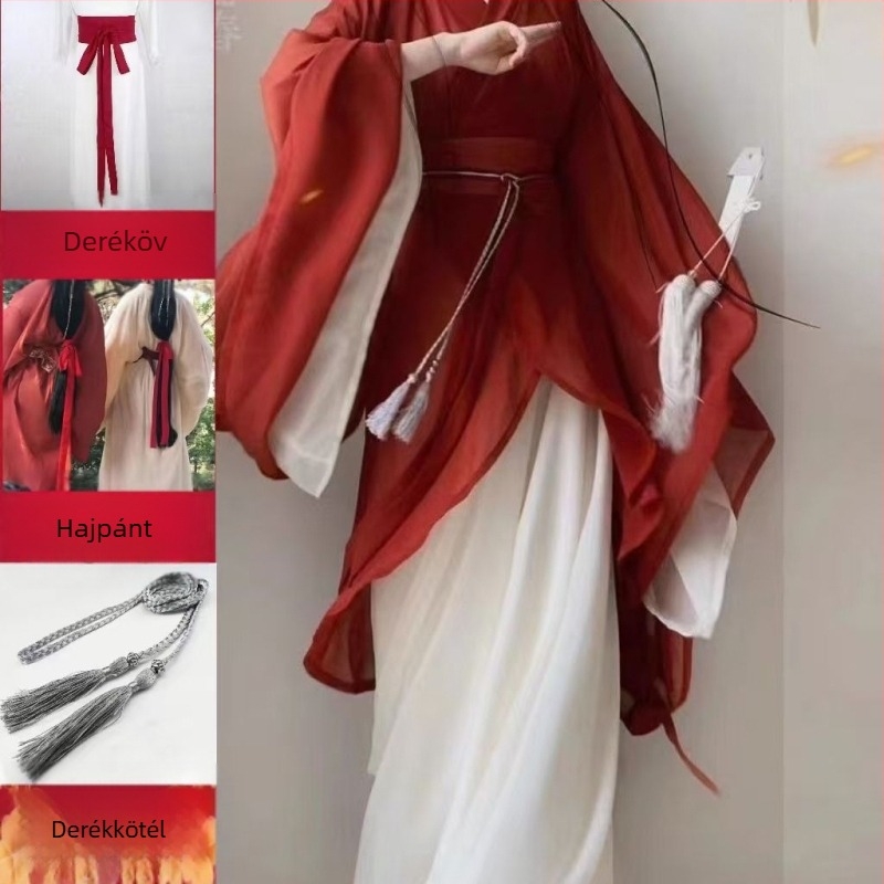 Női Hanfu szett — kereszt gallér, szabálytalan alakú köpeny, széles ujjak, kínai stílusú ősi kosztüm