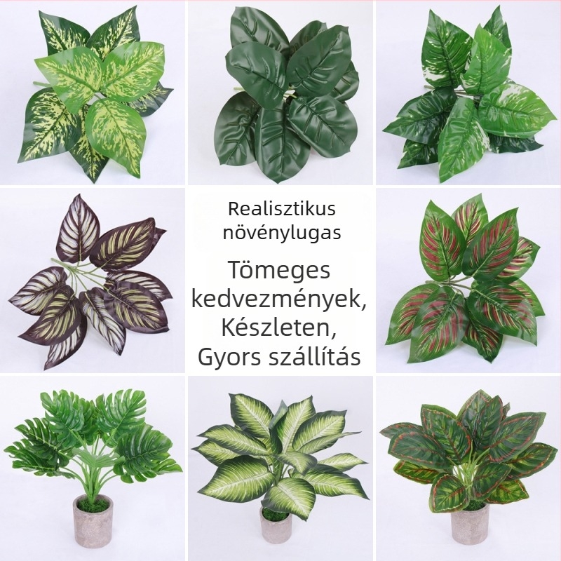 Mesterséges zöld növény több ággal a cserepben, tájépítéshez és dekorációhoz; növényfal dekoráció szállodákhoz, esküvőkhez és otthoni díszítéshez.