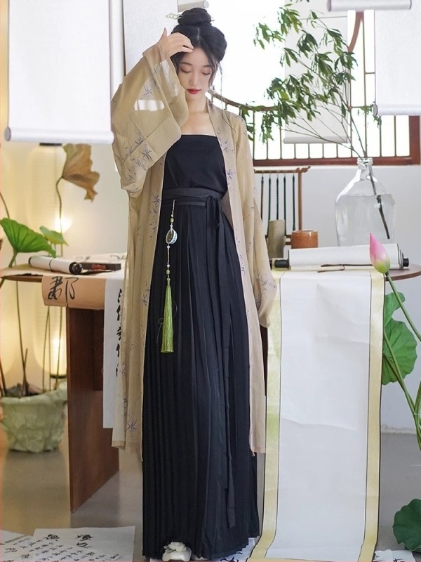 Changgan Temple Hanfu, egyenes ujjas plisztás szoknya, Song-dinasztia ihletésű, geometriai jacquard, 2025 tavasz