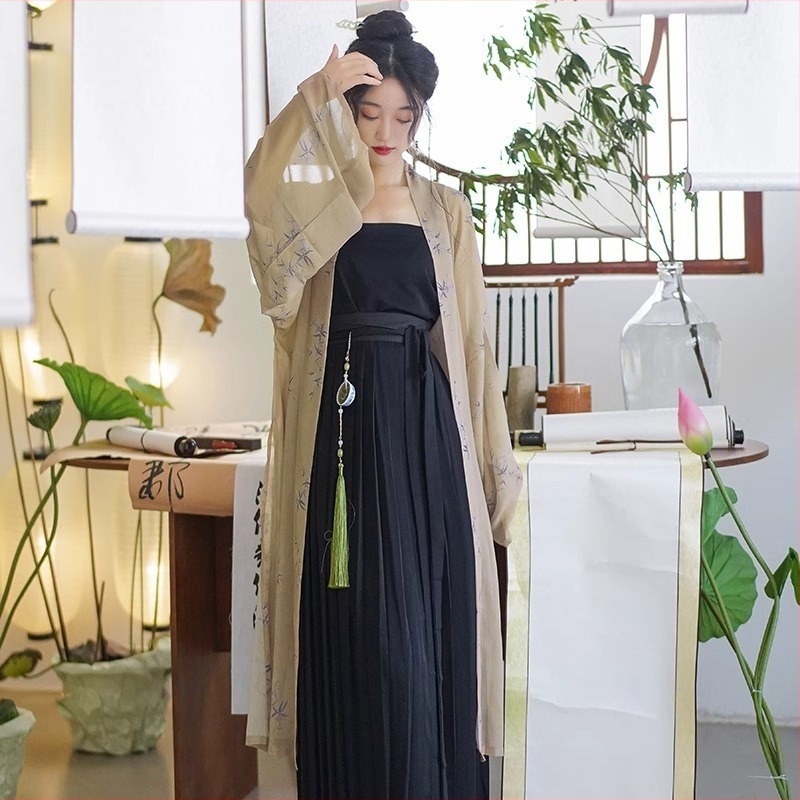 Changgan Temple Hanfu, egyenes ujjas plisztás szoknya, Song-dinasztia ihletésű, geometriai jacquard, 2025 tavasz