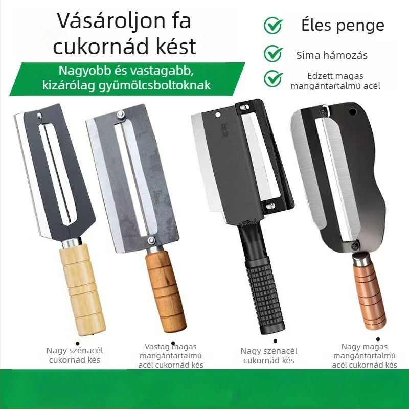 Többfunkciós cukornád kés mangán acélból, vastag kivitel, csúszásmentes fa-markolat, dupla él, hámozásra és szeletelésre