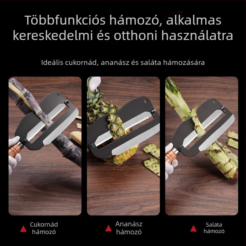 Többfunkciós cukornád kés mangán acélból, vastag kivitel, csúszásmentes fa-markolat, dupla él, hámozásra és szeletelésre