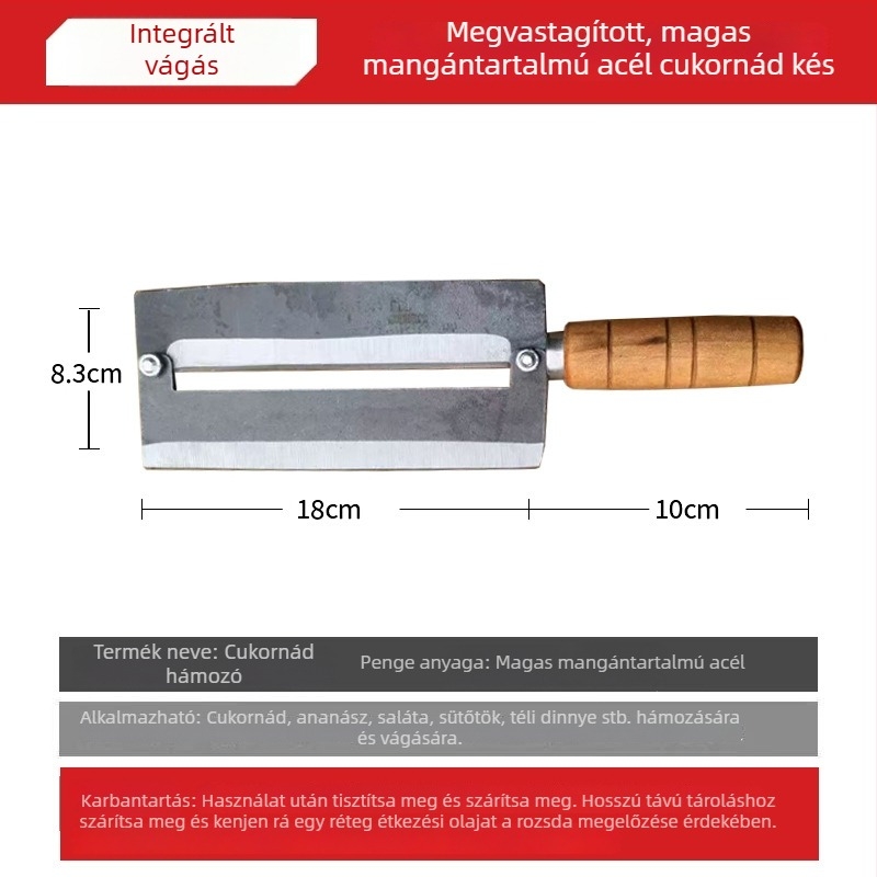 Többfunkciós cukornád kés mangán acélból, vastag kivitel, csúszásmentes fa-markolat, dupla él, hámozásra és szeletelésre