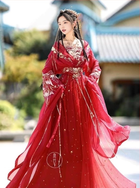Jin-dinasztia hímzett Hanfu, Tizenkét Virág Istennő sorozat, hosszú uszály, széles ujjak, nőknek, chiffon