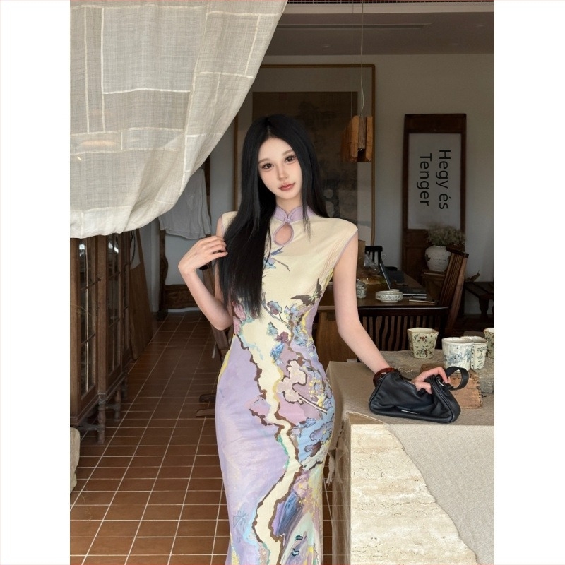 Két részes kínai stílusú nyomtatott Cheongsam ruha nőknek, hálós top, ujjatlan, magas derék, középmagas hossz