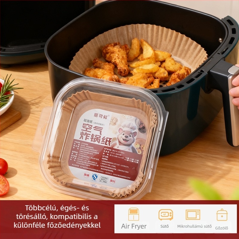 Air fryer szilikon sütőpapír – négyzetes és kerek formájú, tapadásmentes, olajat felszívó, sütőben használható