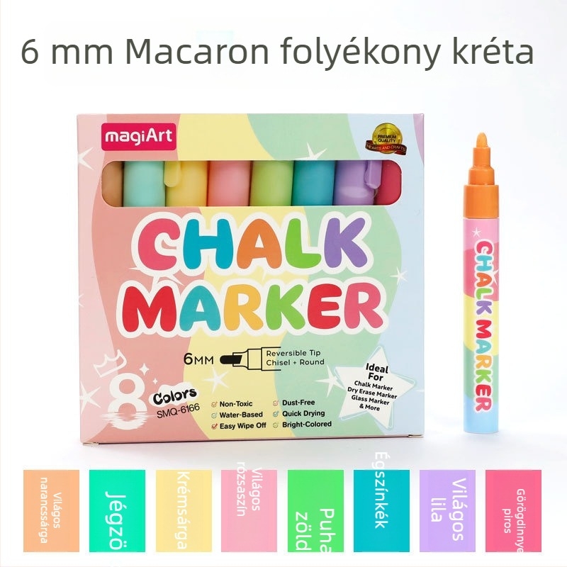 6 mm Macaron folyékony kréta poszterekhez és graffitihez, radírozható tábla toll, vízoldható, pormentes jelölő autóablakra