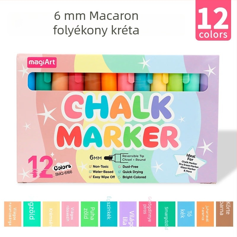 6 mm Macaron folyékony kréta poszterekhez és graffitihez, radírozható tábla toll, vízoldható, pormentes jelölő autóablakra