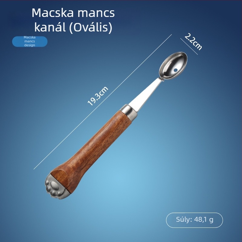 304 rozsdamentes acél gyümölcskanál macska tappancs alakú nyéllel – gyümölcsök kiürítésére, hámozásra és burgonyapüré készítésére