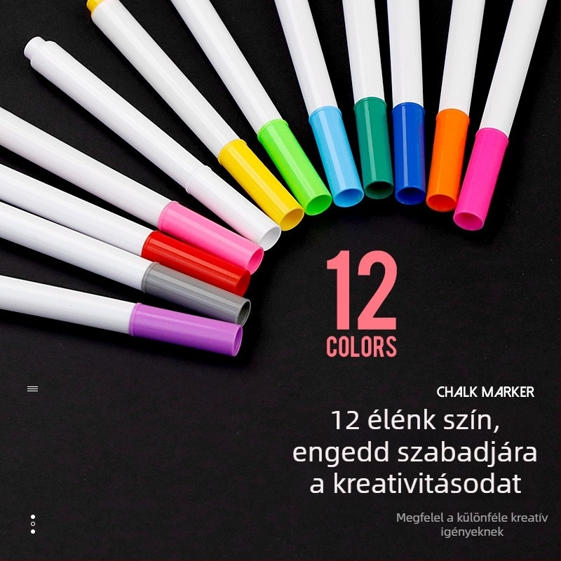 12 színű, eraszív marker akril- és üveg táblákhoz, pormentes, vízben oldódó folyékony kréta gyerekeknek