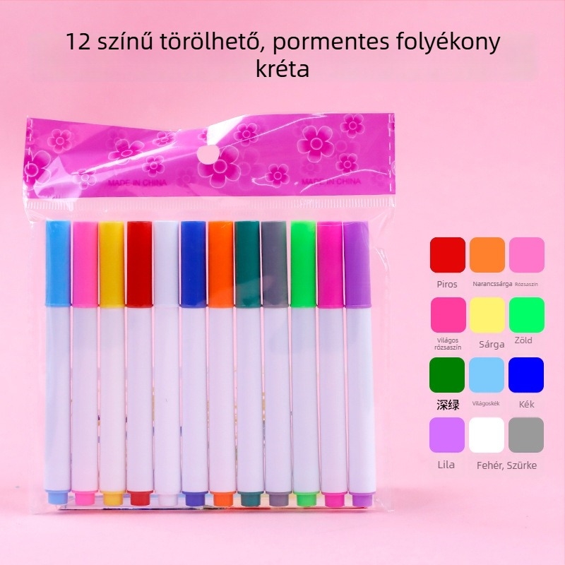 12 színű, eraszív marker akril- és üveg táblákhoz, pormentes, vízben oldódó folyékony kréta gyerekeknek