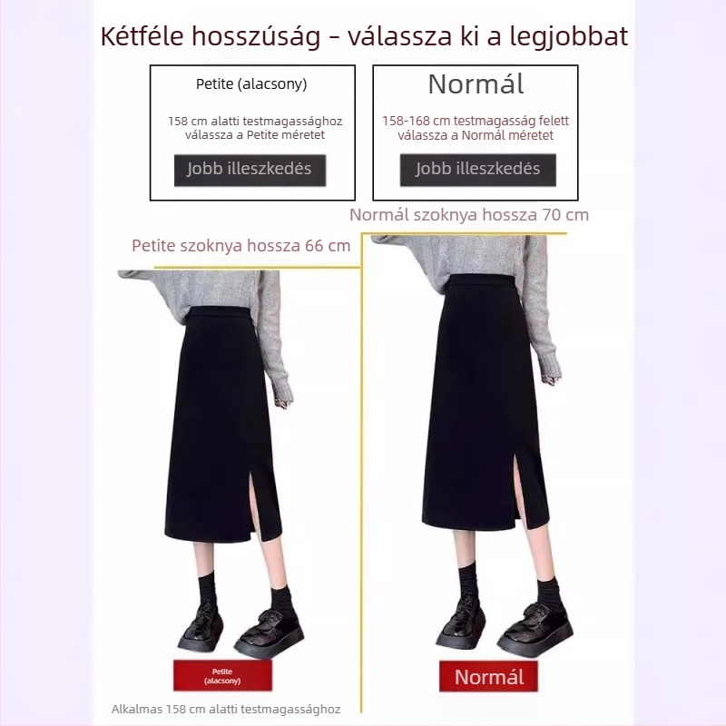 Női hasítékos kosztüm-stílusú midi szoknya, magas derekú, A-vonalú szabás, karcsú és sokoldalú