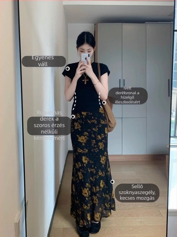 Fekete vintage midi szoknya szett nőknek sárga rózsás virágmintával, nyár, karcsú fazon, hosszú szoknya.
