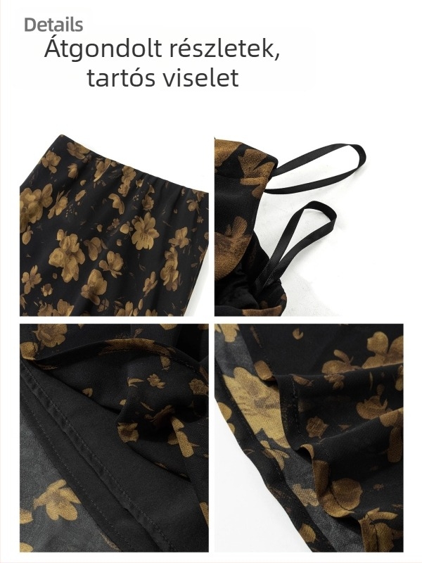 Fekete vintage midi szoknya szett nőknek sárga rózsás virágmintával, nyár, karcsú fazon, hosszú szoknya.