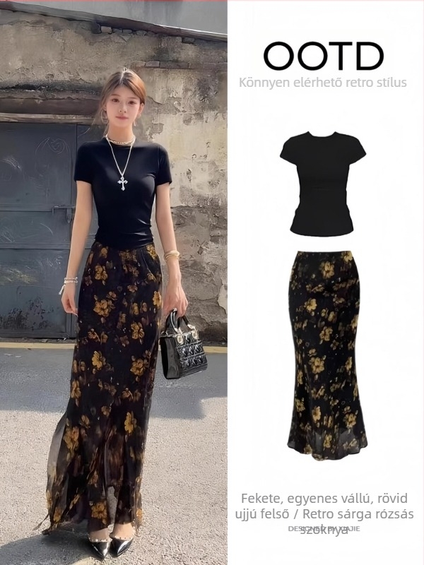 Fekete vintage midi szoknya szett nőknek sárga rózsás virágmintával, nyár, karcsú fazon, hosszú szoknya.
