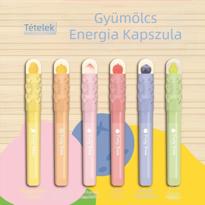 Gyümölcsillatú kétoldalas kiemelő tollak készlet, törölhető, dőlt fejű, élénk színek.