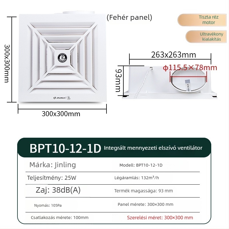 Golden Ling beépített mennyezetre szerelt szellőző ventilátor, ultra vékony, 300x300 mm, modell BPT10-12-1D, ABS ház, mechanikus vezérlés